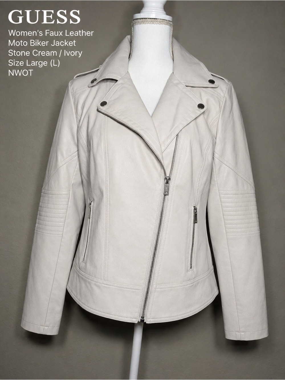 GUESS Women's Faux Leather Moto Biker Jacket Stone Cream Ivory Size L NWOT